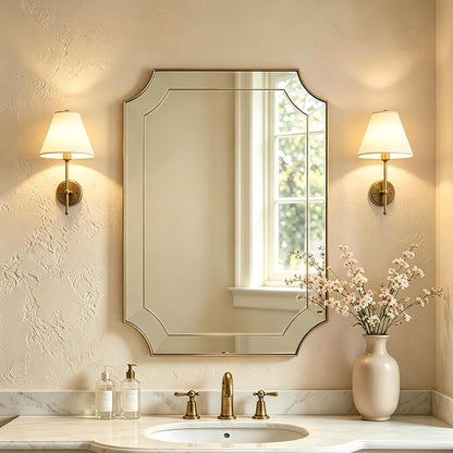 Gold Wall Mirror, 28x36 Scalloped Corner Rectangular Mirror | Ornate Segmented Glass Border, Multi‑Panel Flat Glass Trim, Anti-rust Metal Frame, Ideal for Bathroom Entryway Living Room
