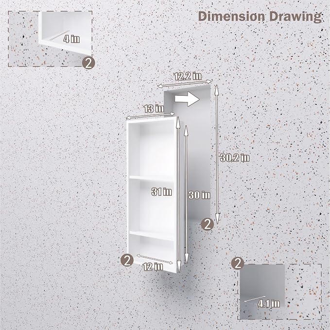 No Tile Needed Shower Niche for Bathroom Storage,Recessed Wall Niche,Three-Tier Shelves,Stainless Steel 12"×30" Matte White (White, 30 * 12 in)