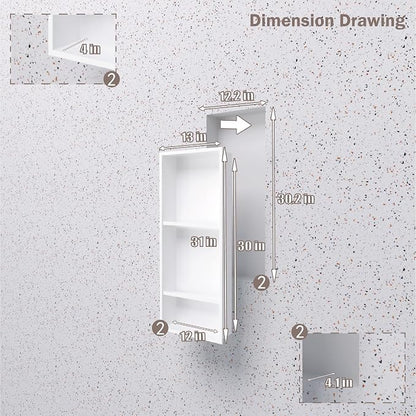 No Tile Needed Shower Niche for Bathroom Storage,Recessed Wall Niche,Three-Tier Shelves,Stainless Steel 12"×30" Matte White (White, 30 * 12 in)