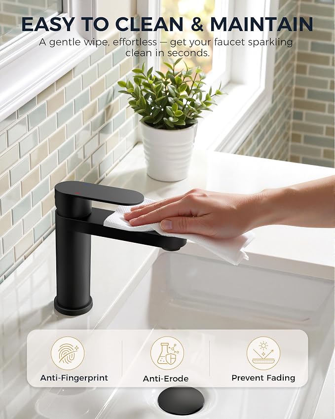FORIOUS Bathroom Faucet 1 Hole, Single Handle Vanity Faucet Matte Black | Black Bathroom Sink Faucet with Deck Plate, Fits 1 Hole and 4-Inch 3 Hole Install, for RV Vanity Lavatory Restroom Camper