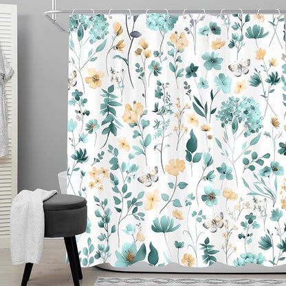 Cute Floral Teal Flower Wildflower Rustic Women Bathroom Shower Curtain Set | 72"W x 72"H Plants Leaves; waterproof HD print, quick-dry fabric and plastic hooks for easy setup.