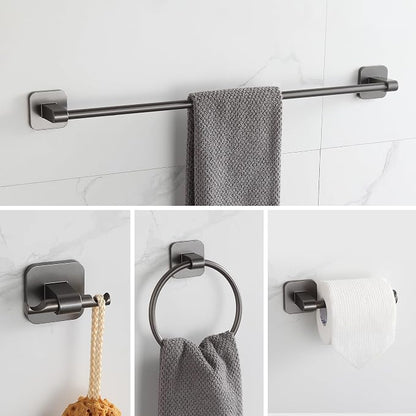 4 Pieces Bathroom Hardware Set, 24 inch Towel Bar, Towel Racks, Robe Towel Hooks, Toilet Paper Holder Wall Mounted Or Self-Adhesive,Stainless Steel and Plastic Bathroom Accessories Kit(Gray)