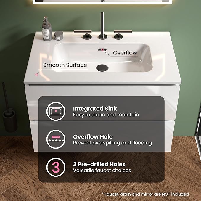 30" Bathroom Vanity with Sink, Modern Floating Vanity with Double Soft Closing Drawers, Large Storage for Small Space, Glossy White, Fully Assembled - Iris Collection
