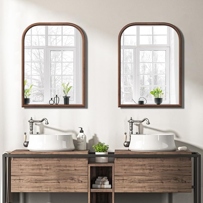 24"x32" Arch Wall Mirror for Wall, Wall Mounted Vanity Mirror for Bedroom, Wood Grain Finish Frame Mirror with Tempered Glass, Vintage Decorative for Bathroom, Entryway, Living Room, Walnut