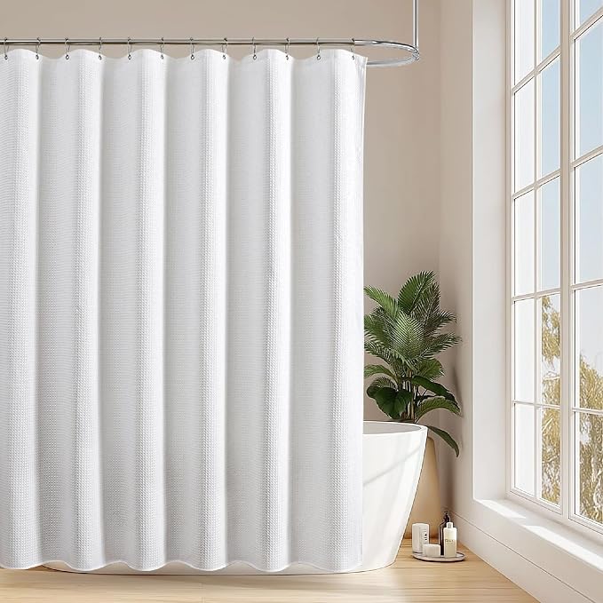 White 256GSM Heavy Duty Waffle Weave Shower Curtain, 72"x72" | with Weighted Hem & Rustproof Metal Grommets - Hotel Spa Luxury Water-Repellent Polyester Bath Curtain for Home,RV,Apartment