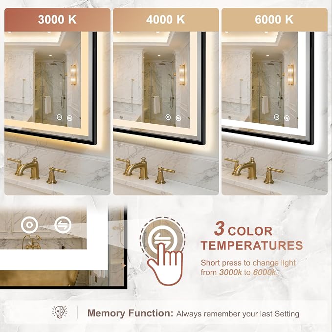 LED Bathroom Mirror with Lights, 24"x36" Black Framed Lighted Vanity Mirror | Anti-Fog, Dimmable 3 Color Temperature, Front & Backlit, Memory Function, Shatterproof Tempered Glass