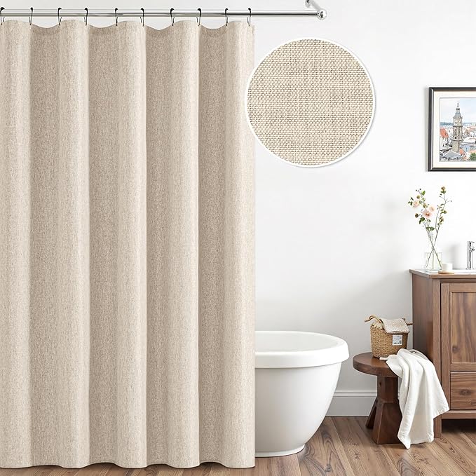 ANRODUO Cream Linen Textured Fabric Shower Curtain Set - 60"x72" with 10 Rust Resistant Durable Metal Hooks, Waterproof & Heavy Duty Polyester, Button Hole Design, Machine Washable for Bathroom