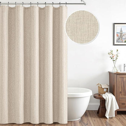 ANRODUO Cream Linen Textured Fabric Shower Curtain Set - 60"x72" with 10 Rust Resistant Durable Metal Hooks, Waterproof & Heavy Duty Polyester, Button Hole Design, Machine Washable for Bathroom