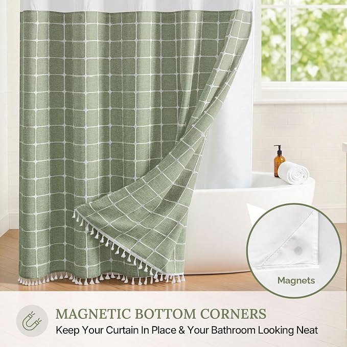 RiverDream Farmhouse No Hooks Shower Curtain with Snap-in Liner,Green,71x86 | Snap on Fabric Liner,Heavy Duty,Quick Dry,Mesh Top Window,With Bottom Magnets,Washable,with Tassels,Extra Long Size