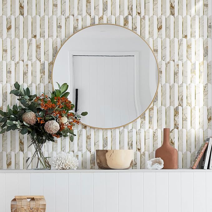 Vamos Tile Peel and Stick Backsplash, Fish Scale, Glossy, 10 pcs | 11.9''x10.8'',White & Pandora PVC+Light Gold Stick on Backsplash Tile for Kitchen & Bathroom & Laundry & Camper