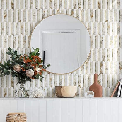 Vamos Tile Peel and Stick Backsplash, Fish Scale, Glossy, 10 pcs | 11.9''x10.8'',White & Pandora PVC+Light Gold Stick on Backsplash Tile for Kitchen & Bathroom & Laundry & Camper