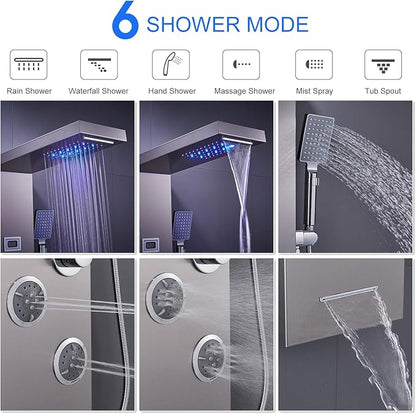 MENATT LED Shower Panel Tower System, 6 in 1 Stainless Steel LED Shower Column, Rainfall & Waterfall Head, Massage Jets, Tub Spout, Handheld Shower(Brushed)