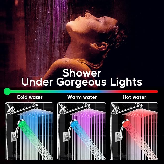 LED Shower Head with High Pressure 10” Rain Shower Head, 11” Extension Arm | Color Changing Based On Water Temperature Handheld showerhead, Stainless Steel, 60" Hose, Chrome