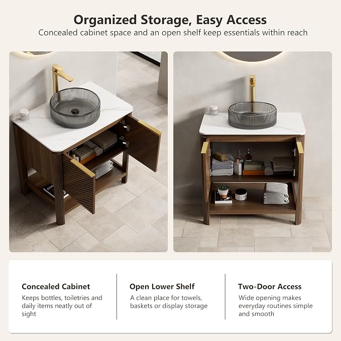 Yayzy 30 Inch Bathroom Vanity with Sink, Freestanding Dark Walnut Bathroom Cabinet, Smoky Gray Glass Vessel Sink, Carrara White Sintered Stone Countertop, Soft Close Doors, Open Storage Shelf