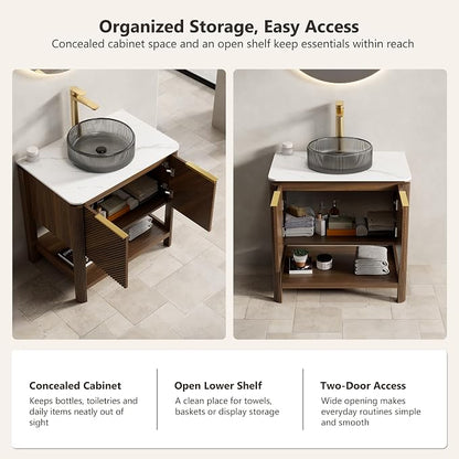 Yayzy 30 Inch Bathroom Vanity with Sink, Freestanding Dark Walnut Bathroom Cabinet, Smoky Gray Glass Vessel Sink, Carrara White Sintered Stone Countertop, Soft Close Doors, Open Storage Shelf