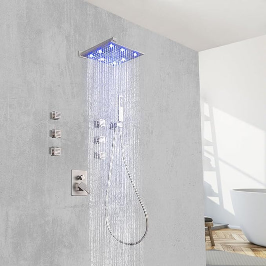 SKOWLL Brushed Nickel Shower System with Body Jets 12 Inch LED Rain Shower Head with Handheld, Wall Mounted Shower Faucet Set Rough in Mixer Valve and Trim Included