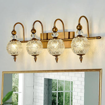 Vintage Bathroom Light Fixtures Gold Vanity Light with Glass Globe LampShade 4 Lights Brushed Brass G9 Bulb Wall Sconce Antique Indoor Vanity Light Over Mirror for Kitchen Bedroom Living Room