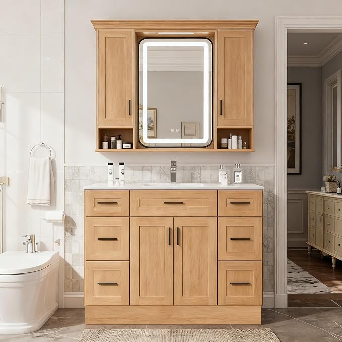 48Inch Bathroom Vanity with Sink, 6 Drawers & Soft-Close Doors, Integrated Ceramic Top, Thickened Panels & Reinforced Wooden Frame, Freestanding Bathroom Storage Cabinet(Natural Oak)