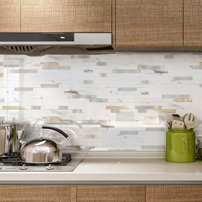 Yipscazo 10 Sheets Peel and Stick Stone Metal Tile Backsplash, Stick on Tiles for Backsplash Kitchen, Bathroom, Laundry Room, Camper, Fireplace (12'' X 12'', Polished Marble)