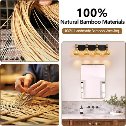 LmnLvn 4-Light Bathroom Vanity Light, Boho Farmhouse Handmade Bamboo Shade | Wood & Black Metal Frame, Rustic Vanity Lighting, Mounted Over Mirror, Easy To Install for Restroom, Bedroom & Hallway