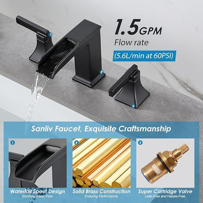 Black Waterfall Bathroom Faucet 3 Hole, Sanliv 8 or 4 Inch Widespread Bathroom Sink Faucets, Modern Vanity Faucet 3 Holes with Pop Up Drain and Supply Lines, ‎Matte Black