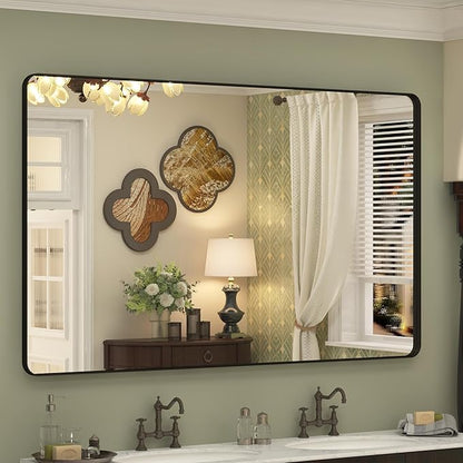 60x36 Inch Black Framed Bathroom Mirror for Wall, Large Matte Black Bathroom Vanity Mirror, Rounded Rectangle Mirror, Anti-Rust, Shatterproof, Hangs Horizontally or Vertically