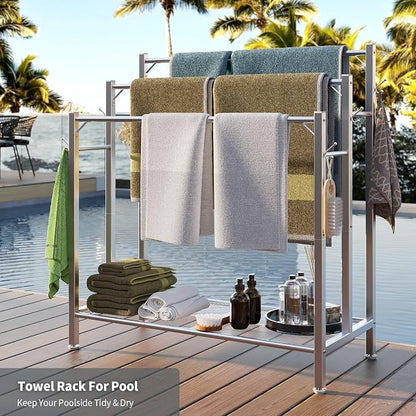 HavenlyYouth Free Standing Towel Rack for Bathroom, 3 Tier Blanket Drying Holder for Outside, Pool Towel Rack with Metal Shelf for Display and Storage, 35.8" H x 31.5" L x 11.8" W, Satin Nickel