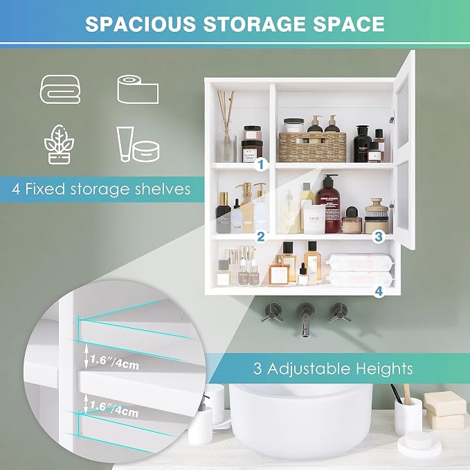 SMIBUY Bathroom Mirror Cabinet Wall Mounted, Bamboo Space Saver Medicine Cabinet, Wall Hanging Over Toilet Storage Cabinet with Mirror Door and Adjustable Shelf (White)