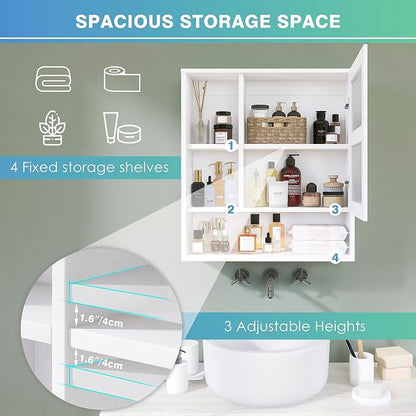 SMIBUY Bathroom Mirror Cabinet Wall Mounted, Bamboo Space Saver Medicine Cabinet, Wall Hanging Over Toilet Storage Cabinet with Mirror Door and Adjustable Shelf (White)