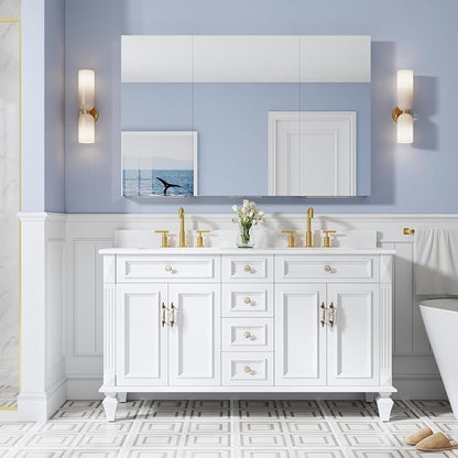 56" x 36" Bathroom Medicine Cabinet with Mirror, Anodized Chrome Aluminum Frame, Surface Mount or Recessed Medicine Cabinet with Mirror, Bathroom Mirror with Storage, Three Doors
