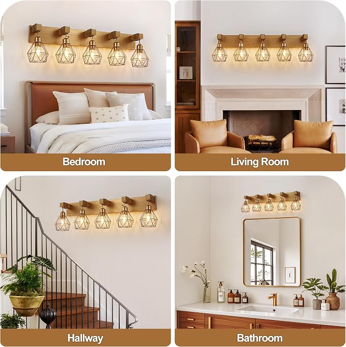 maesta 5 Light Bathroom Vanity Light, Farmhouse Gold Fixture Over Mirror | Farmhouse Bathroom Light Fixtures, Wood & Metal, Anti-Rust, Easy to Install for Rustic Bathroom Hallway
