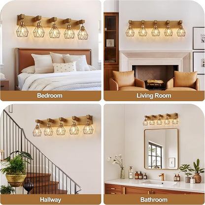 maesta 5 Light Bathroom Vanity Light, Farmhouse Gold Fixture Over Mirror | Farmhouse Bathroom Light Fixtures, Wood & Metal, Anti-Rust, Easy to Install for Rustic Bathroom Hallway