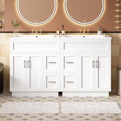 60" Bathroom Vanity Set with Double Sink, Harper & Bright Designs Vanity Cabinet with 4 Cabinet Doors, 4 Drawers, 2 Adjustable Shelves, Solid Wood Bathroom Cabinet with Resin Basin for Bathroom, White