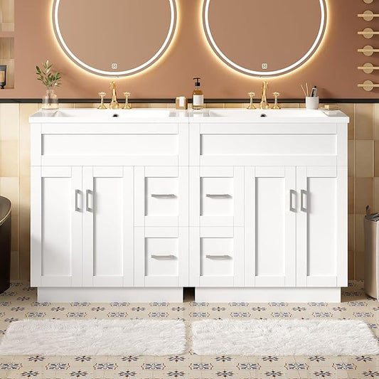 60" Bathroom Vanity Set with Double Sink, Harper & Bright Designs Vanity Cabinet with 4 Cabinet Doors, 4 Drawers, 2 Adjustable Shelves, Solid Wood Bathroom Cabinet with Resin Basin for Bathroom, White