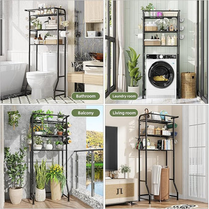 Simple Trending Over The Toilet Storage Cabinet, Metal Bathroom Shelf Organizer with Paper Holder and Hooks, 3 Tier, Black