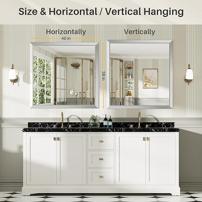 40x38 Inch Brushed Silver Bathroom Mirror for Wall, Thick Metal Framed Rectangle Mirrors for Over Sink, Bedroom, Living Room, Entryway, Anti-Rust, HD Tempered Glass
