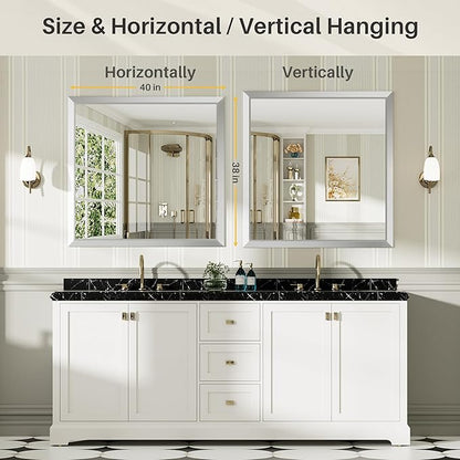 40x38 Inch Brushed Silver Bathroom Mirror for Wall, Thick Metal Framed Rectangle Mirrors for Over Sink, Bedroom, Living Room, Entryway, Anti-Rust, HD Tempered Glass