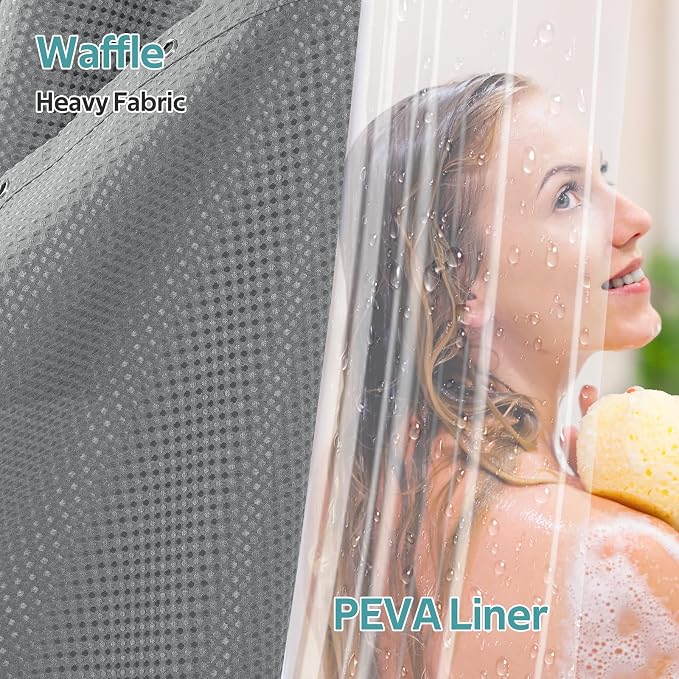 3 in 1 Shower Curtain Set, Waffle Shower Curtain and Liner Set with 12 Double Sided Shower Curtain Hooks, 258GSM Luxury Weighted Cloth Shower Curtains for Bathroom, 72 W x 72 H, Grey