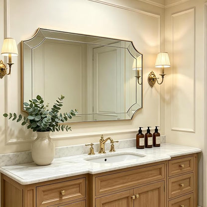 30x48 Scalloped Bathroom Mirror, Large Brushed Gold Mirror | Delicate Tessellated Glass Design, SUS304 Frame, Horizontal & Vertical
