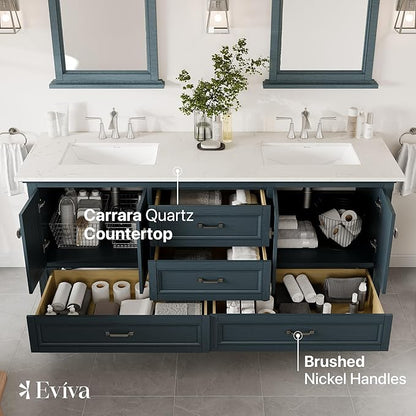 Eviva Britney 72 in. Ash Blue Double Sink Bath Vanity with Carrara Quartz Top and Undermount Porcelain Sinks