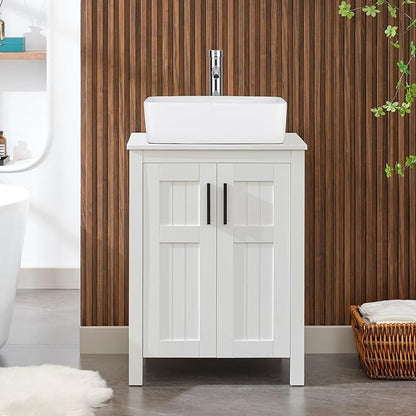 UEV White 24" Bathroom Vanity with Sink Combo, Modern Rectangle Ceramic Vessel Sink, Grooved Doors & Metal Handles