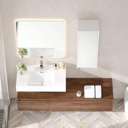 60 Inch Floating Bathroom Vanity with Single Sink, Modern Wall-Mounted Bathroom Cabinet with Resin Sink & Soft Close Drawers & Side Cabinet, Split-Level Layout (Walnut, 60"+1 Side Cabinet)