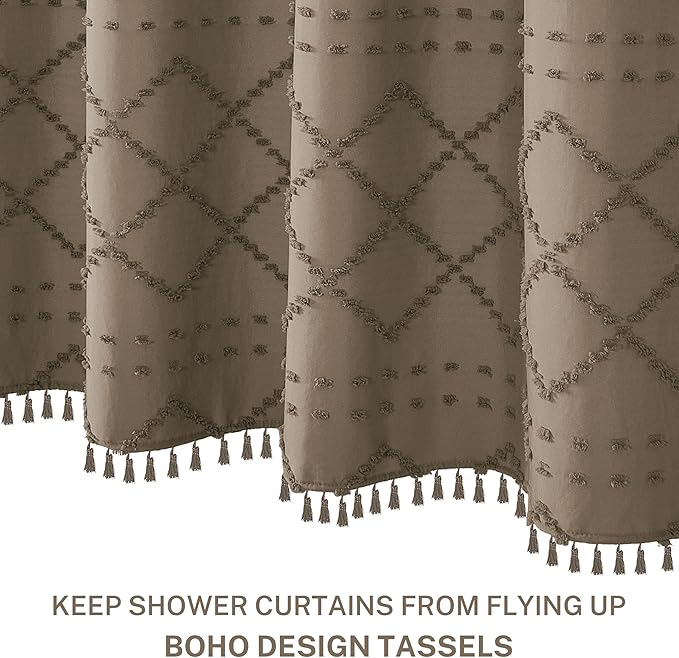 Boho Farmhouse Shower Curtain Woven Fabric Khaki Shower Curtain, 72 x 78 Tufted Chevron Textured Striped Modern Farmhouse Minimalist Shower Curtains for Bathroom