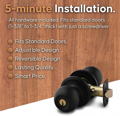 Copper Creek Entry Door Knob – Keyed Entry Handle with Lock and Key, ANSI Grade-3 Certified, DIY-Friendly Install for Interior and Exterior Entrance Doors – Matte Black (1 Pack)