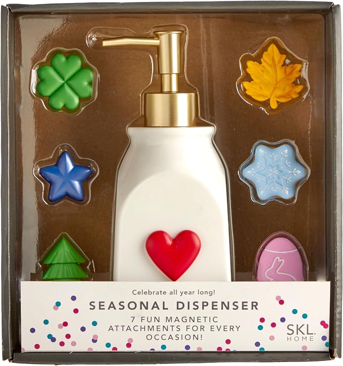 SKL Home Seasonal Soap/Lotion Dispenser Set with 7 Holiday Magnets, Gold | Interchangeable designs to celebrate all year! Gift-ready & great for the bathroom, kitchen, bar or any sink space.