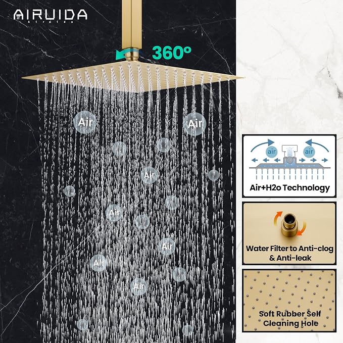 Airuida 12 Inch Brushed Gold Shower Faucet Set,Rainfall Shower System | Ceiling Shower Head,Male Thread Rough-in Valve,Ceiling Mount,Single Handle
