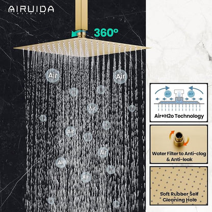 Airuida 12 Inch Brushed Gold Shower Faucet Set,Rainfall Shower System | Ceiling Shower Head,Male Thread Rough-in Valve,Ceiling Mount,Single Handle