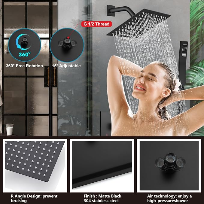 Midanya Shower System with Tub Spout,8 Inch Shower Head,Matte Black | with Valve & Trim Kit,Square Rain Head,Handheld Sprayer,Waterfall Spout,All Metal Wall Mount Bathroom Shower Tub Faucet Set