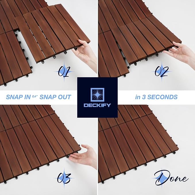 9-Piece Acacia Wood Interlocking Deck Tiles, Dark Brown Striped | 6-Slat Wide Contact, Naturally Water-Resistant, Non-Slip Grip, 490 lb Capacity, Oil-Rubbed Finish, Tool-Free, Renter-Friendly