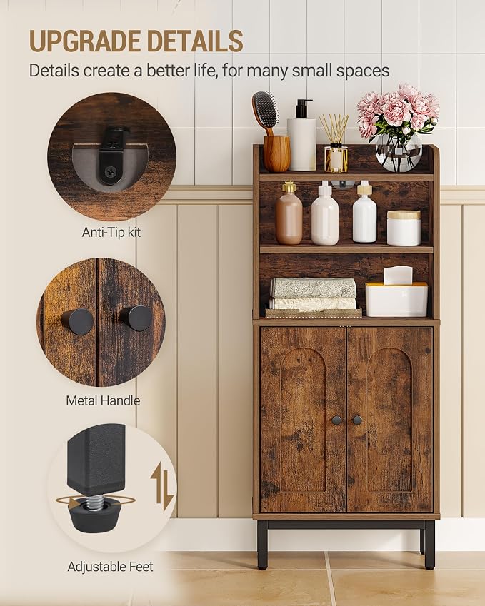 Hzuaneri Bathroom Storage Cabinet, Small Floor Cabinet with 2 Door | Toilet Paper Cabinets, Bathroom Organizer with Adjustable Shelf, for Small Spaces,Rustic Brown,Arch Door,7.1" Dx14.6 Wx32.7 H
